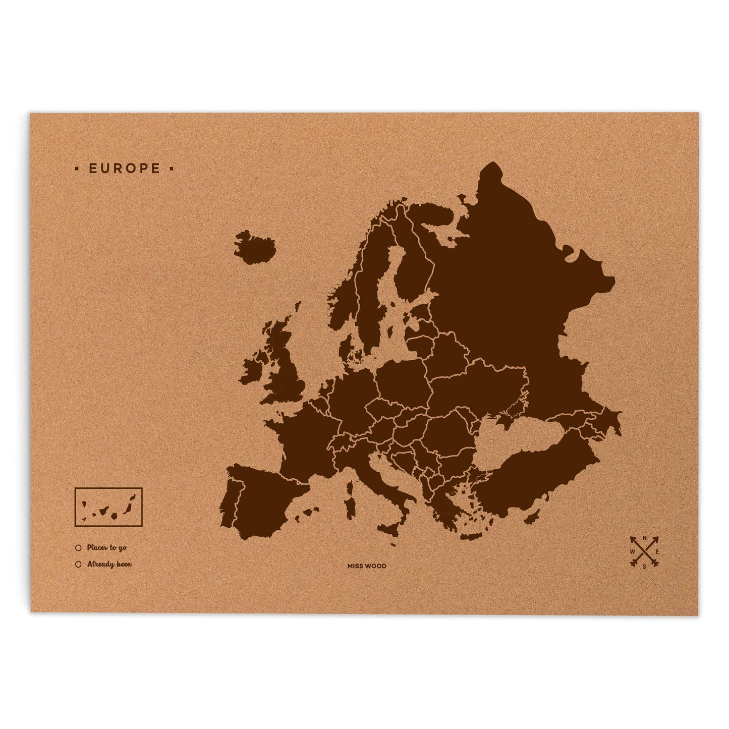 Harta decorativa din pluta Woody Map XL + Miss Wood + Europa, maro