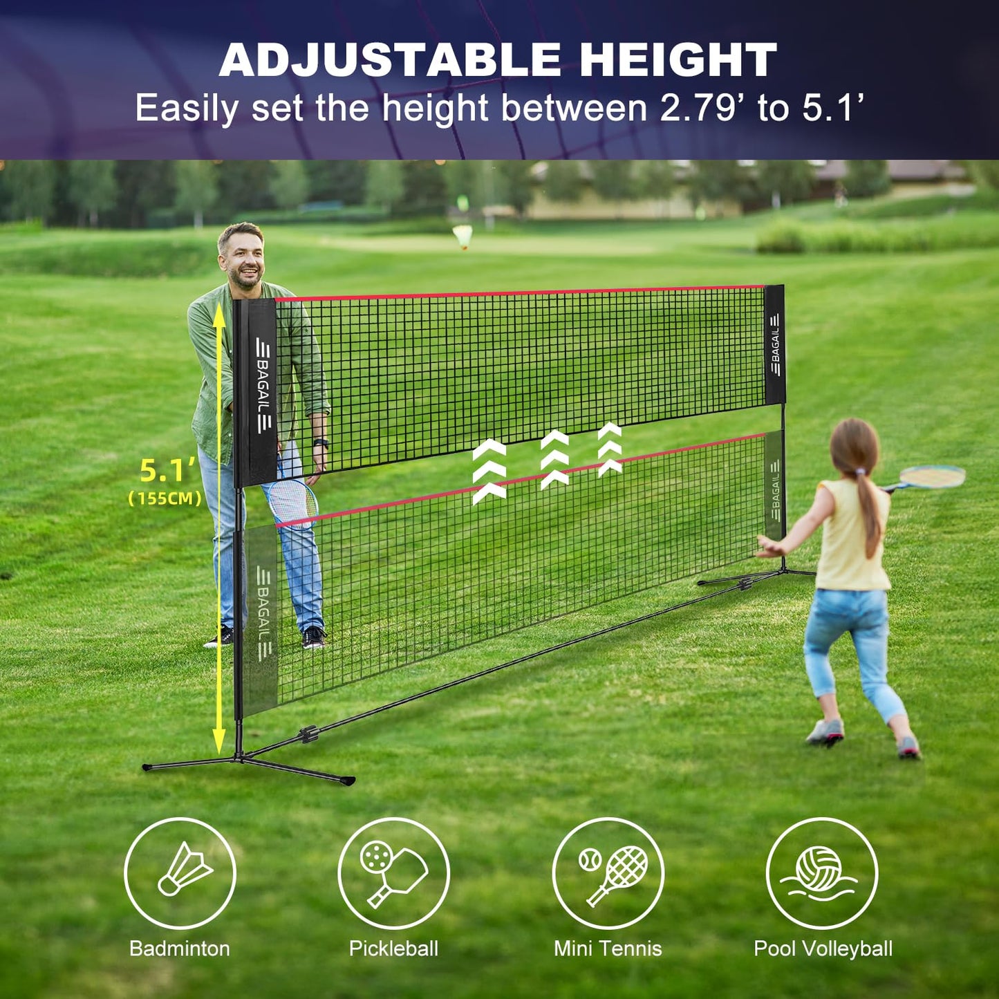 Fileu Badminton BAGAIL Net reglabil 10-17 ft pliabila
