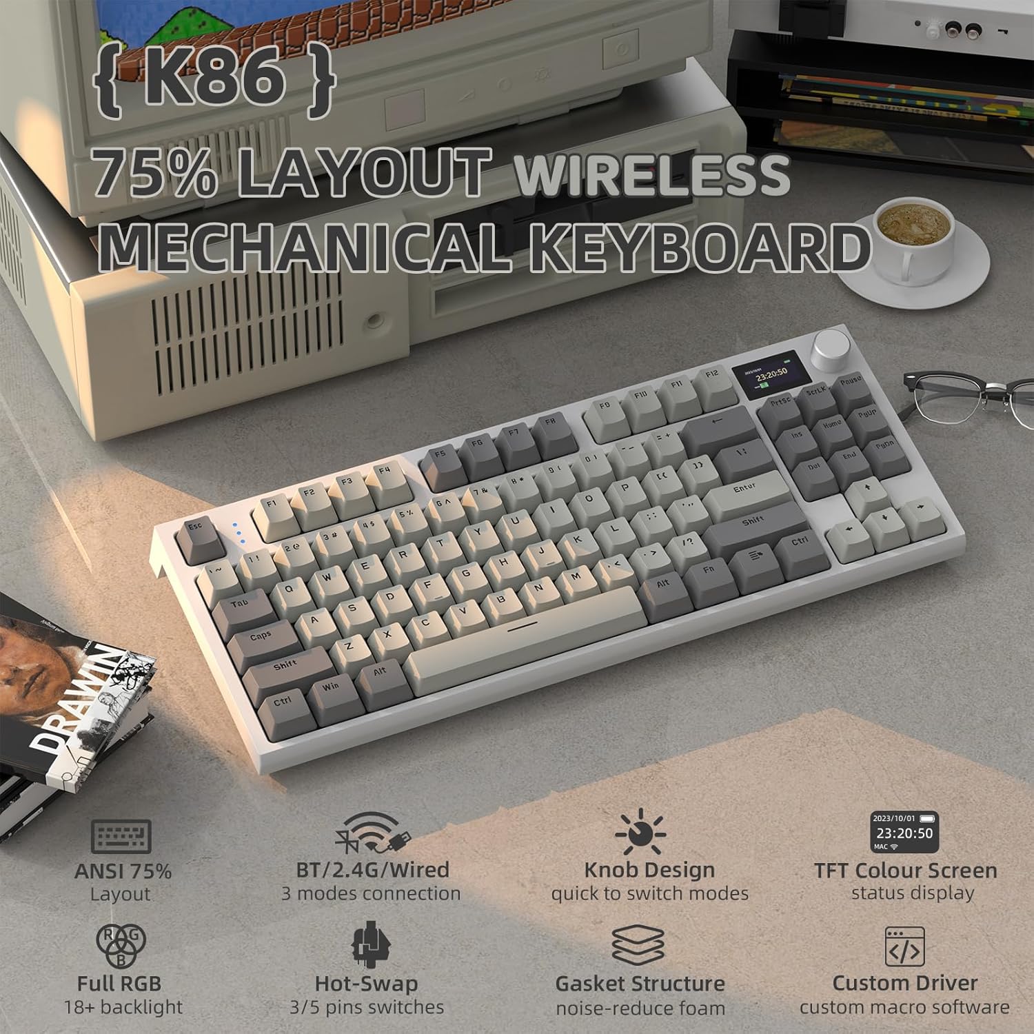 VGN GAMEPOWER ATTACK SHARK K86 Wireless Mechanical Keyboard Apex Pro TKL 75%, 2.4G/Bluetooth/Wired Gaming Keyboard M75, Gasket Mount with Color Display & Knob, RGB Backlit, Hot Swappable Linear Switch