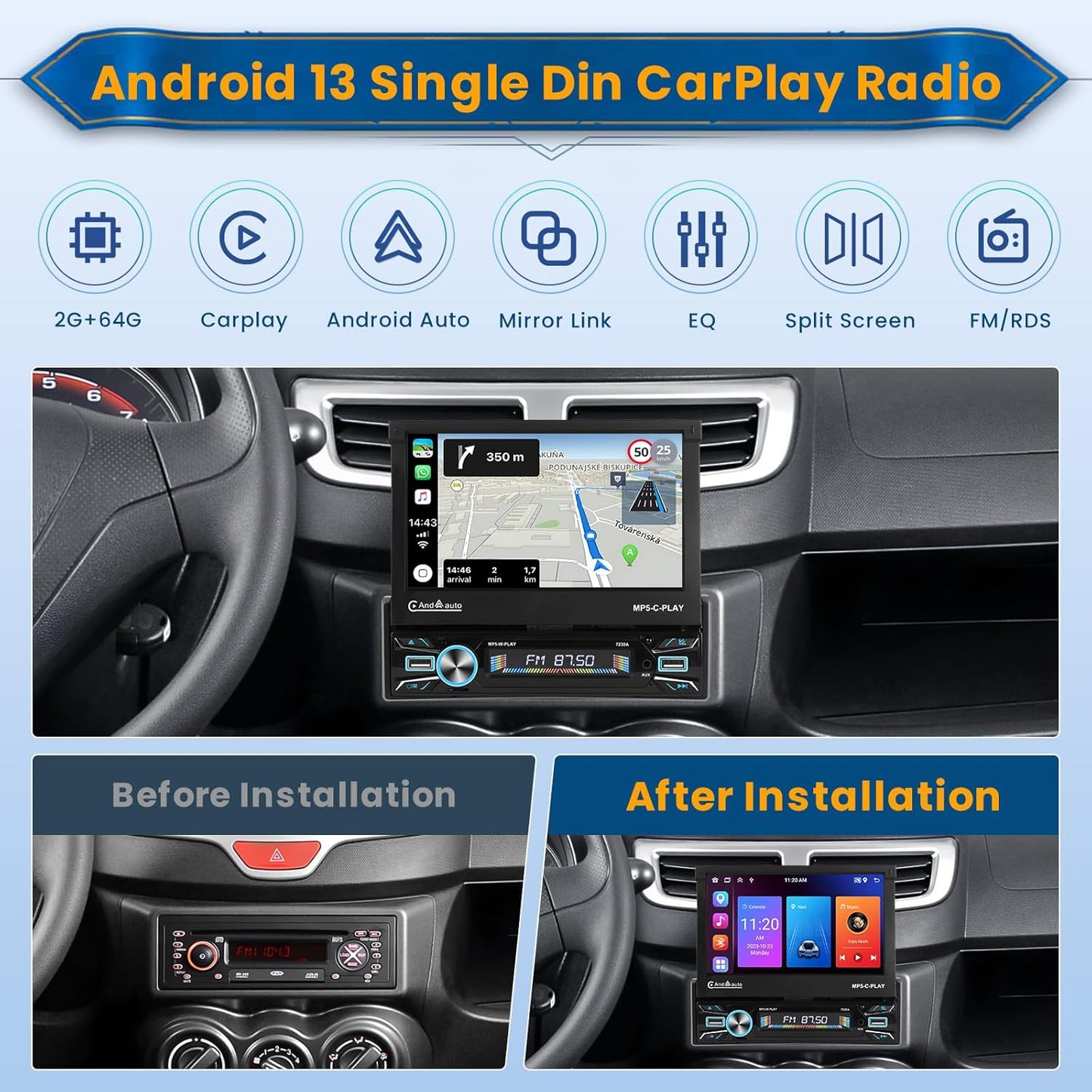 Inefala Android 15 Autoradio 1 Din CarPlay mit motorisiertem Bildschirm (2 + 64G), 7 Zoll Bluetooth Autoradio mit Wireless Android Auto CarPlay Mirror Link FM RDS GPS WiFi Rückfahrkamera AUX USB