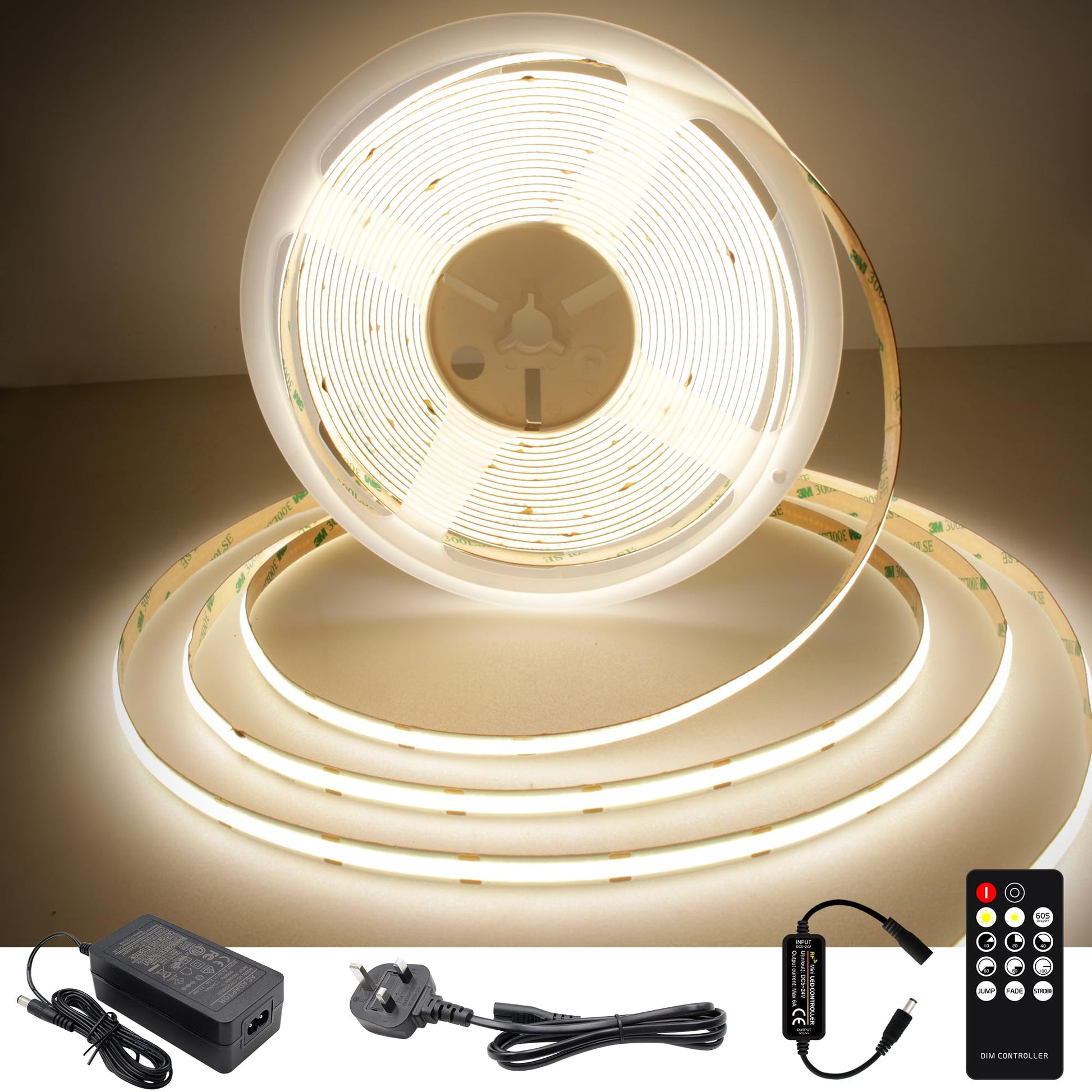 TTWAY COB LED Strip Lights 2700K, Dimmable LED Strip Kit, Super Bright 24V LED Tape Lights CRI90+ with RF Remote and UKCA Power Supply for DIY Home Decoration, 3M, 1440LEDs, Warm White.