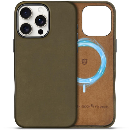 SHIELDON Case for iPhone 16 Pro 6.3" 2024, Genuine Leather, Magnetic Wireless Charging, Slim Fit, Non-Slip, Metal Button, Shockproof Protective Case Compatible with iPhone 16 Pro - Nappa Saddle Brown