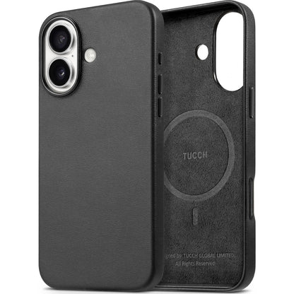 TUCCH Case for iPhone 16, [Magnetic Wireless Charging] Anti-Slip PU Leather Shockproof Phone Case, Slim Anti-Fingerprint Lightweight Protective Back Cover Compatible with iPhone 16 6.1" 2024, Black