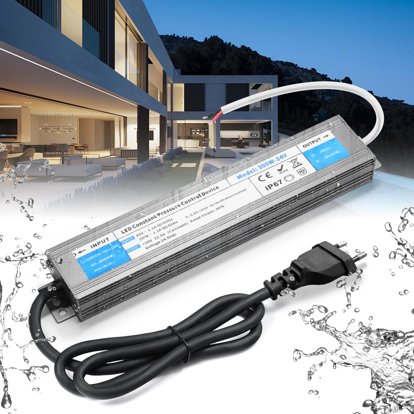 Transformator LED 220V-24V 300W IP67 cu plug - BRIMETI, driver LED 12.5A