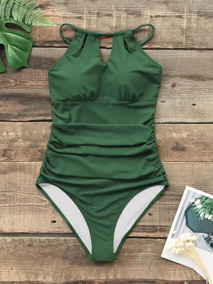 Costum de baie dama CUPSHE cu guler inalt, decupaje decorative si volane, marimea M, verde