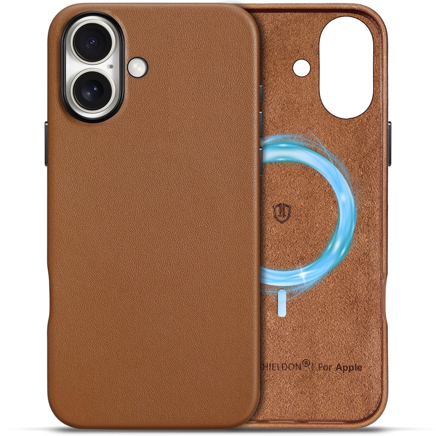 SHIELDON Case for iPhone 16 Pro 6.3" 2024, Genuine Leather, Magnetic Wireless Charging, Slim Fit, Non-Slip, Metal Button, Shockproof Protective Case Compatible with iPhone 16 Pro - Nappa Saddle Brown