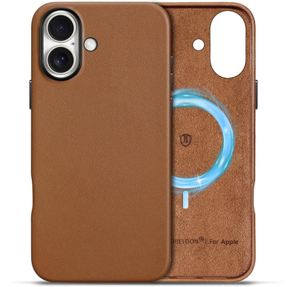 SHIELDON Case for iPhone 16 Pro 6.3" 2024, Genuine Leather, Magnetic Wireless Charging, Slim Fit, Non-Slip, Metal Button, Shockproof Protective Case Compatible with iPhone 16 Pro - Nappa Saddle Brown