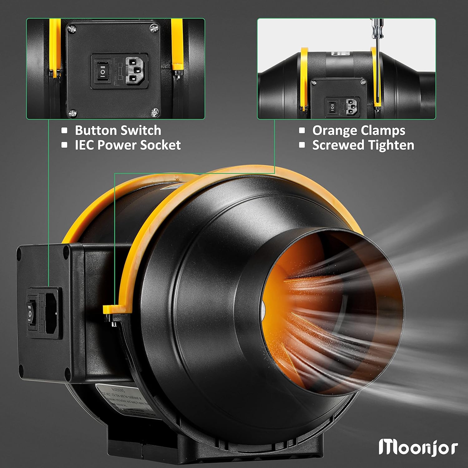 Moonjor 125 mm Flue Pipe Fan, Exhaust Fan Quiet, Inline Duct Fan with 2-Speed Switch, IEC-EU Power Cable for Tent, Garage, Bathroom, Toilet, Kitchen, Greenhouse