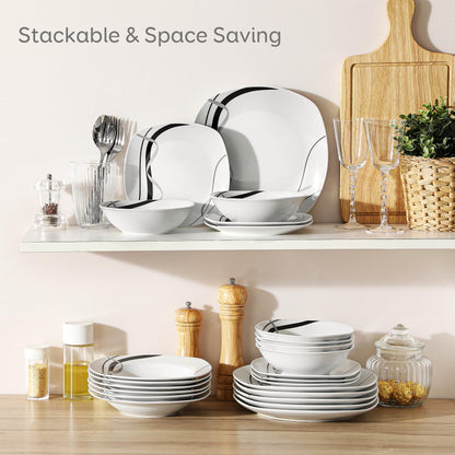 Set Vesela Serviciu masa VEWEET Fiona 24 piese portelan alb linii negre