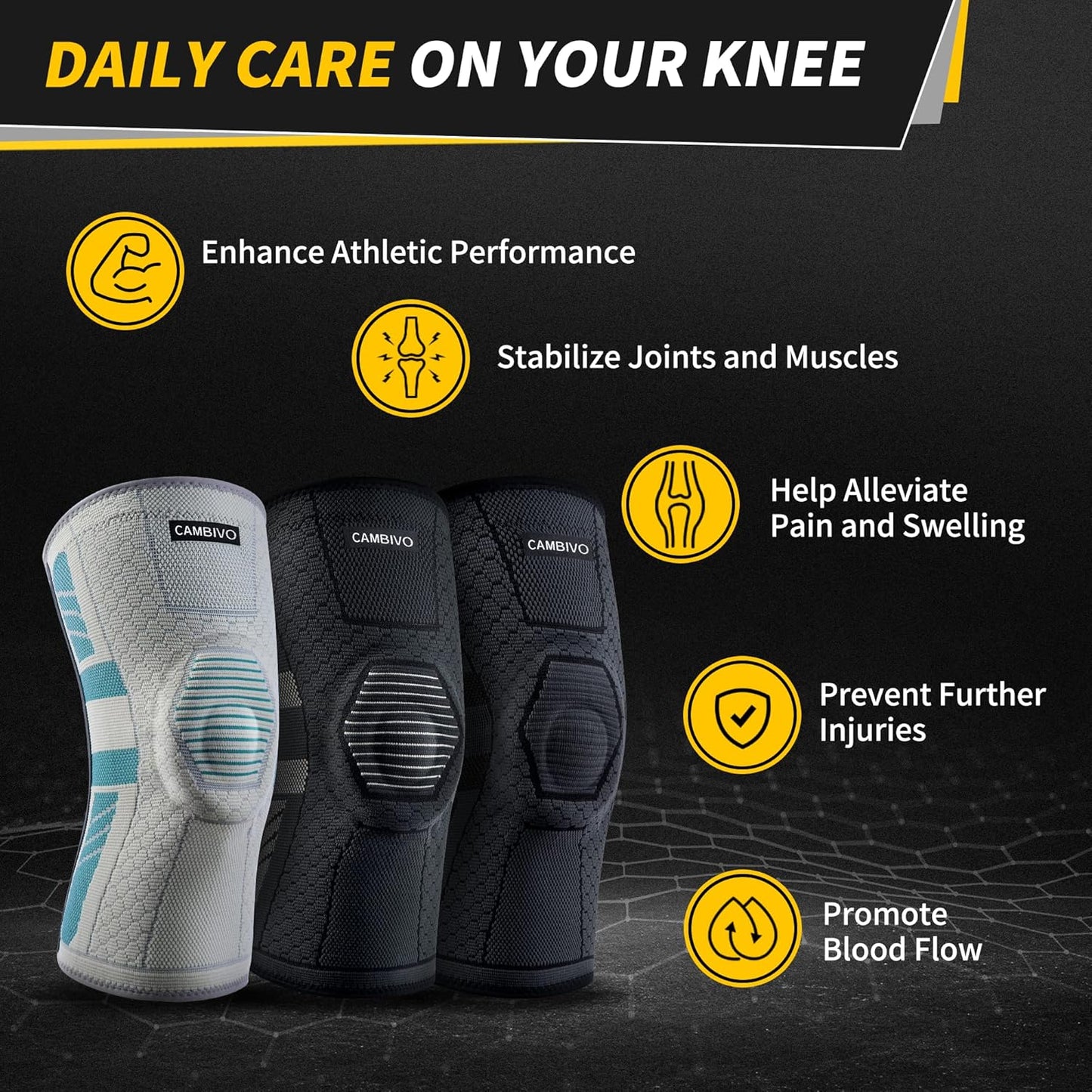 CAMBIVO 2 Pack Knee Braces for Knee Pain Women and Men, Knee Compression Sleeve with PMMA Side Stabilizers and Patella Knee Pads, Knee Support for Meniscus Tear, Arthritis, ACL, Joint Pain Relief