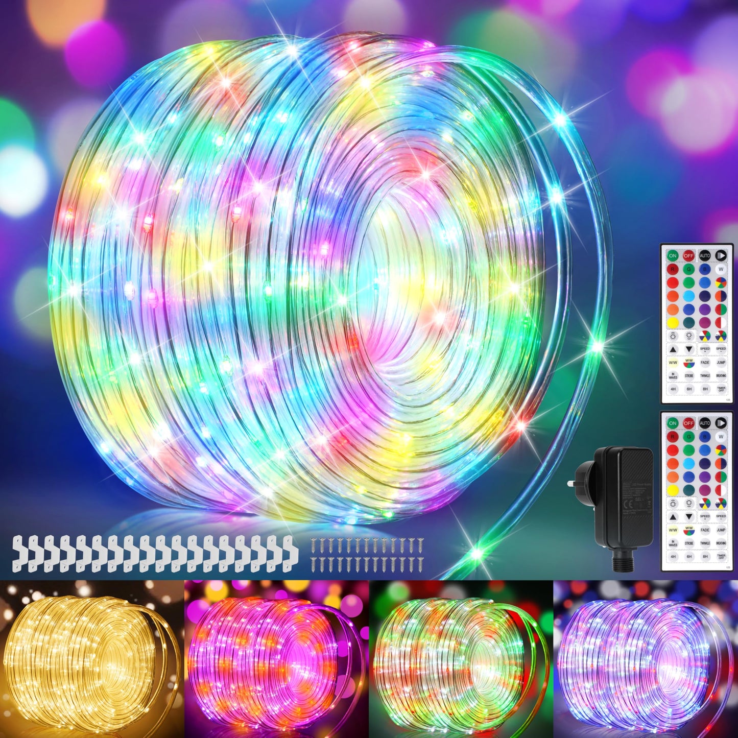 Instalatie luminoasa tip tub LED 40 m, 400 LED, exterior, 25 culori + alb cald, telecomanda, pentru gradina/balcon/Craciun