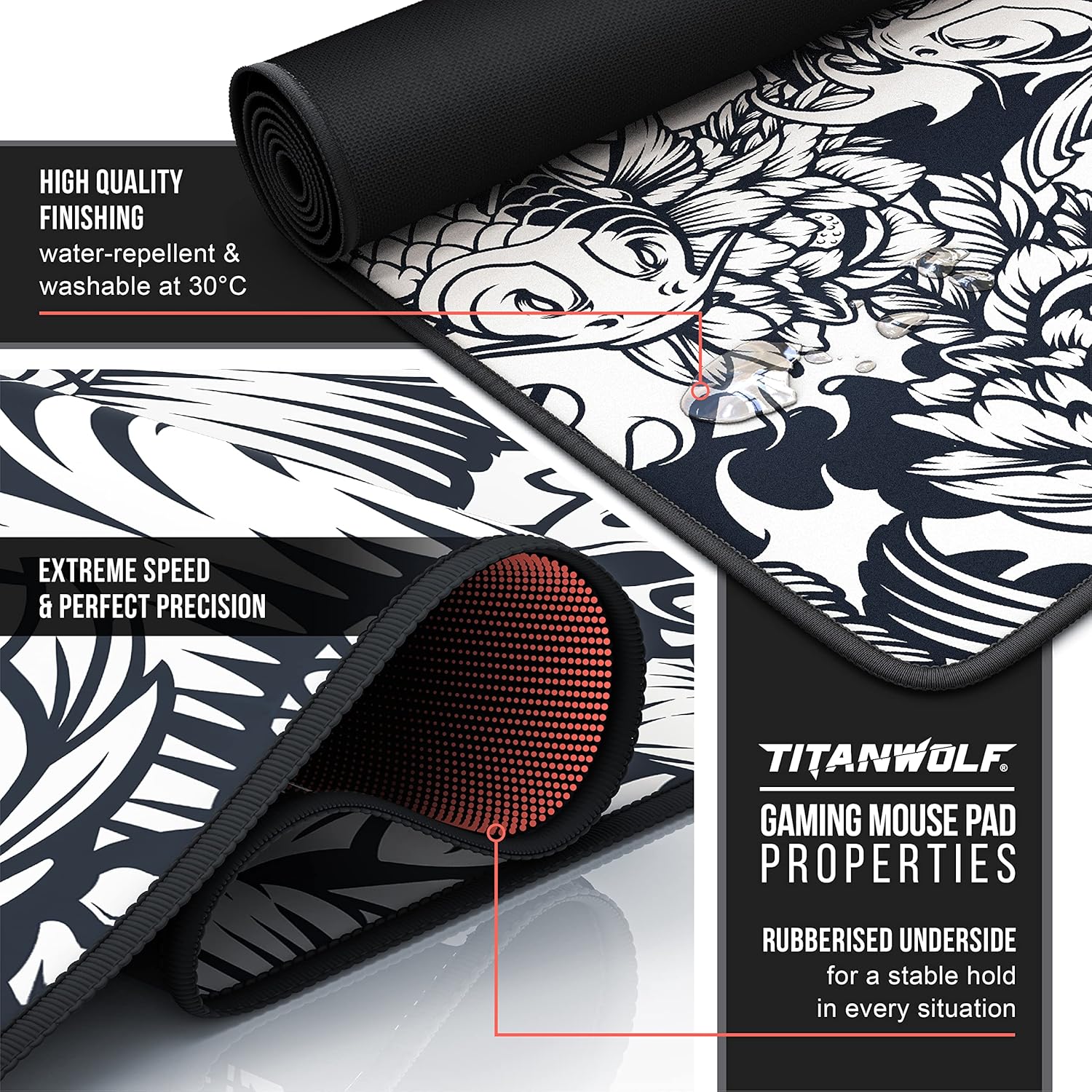 TITANWOLF - XXL Mouse Mat - Mouse Pad 900 x 400 x 3mm –Speed Gaming Mouse Pad - Extra Large - Table Mat Large Size - improved Precision and Speed – Design Koi Tattoo