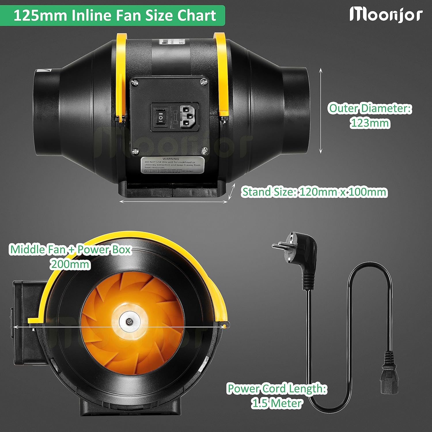 Moonjor 125 mm Flue Pipe Fan, Exhaust Fan Quiet, Inline Duct Fan with 2-Speed Switch, IEC-EU Power Cable for Tent, Garage, Bathroom, Toilet, Kitchen, Greenhouse
