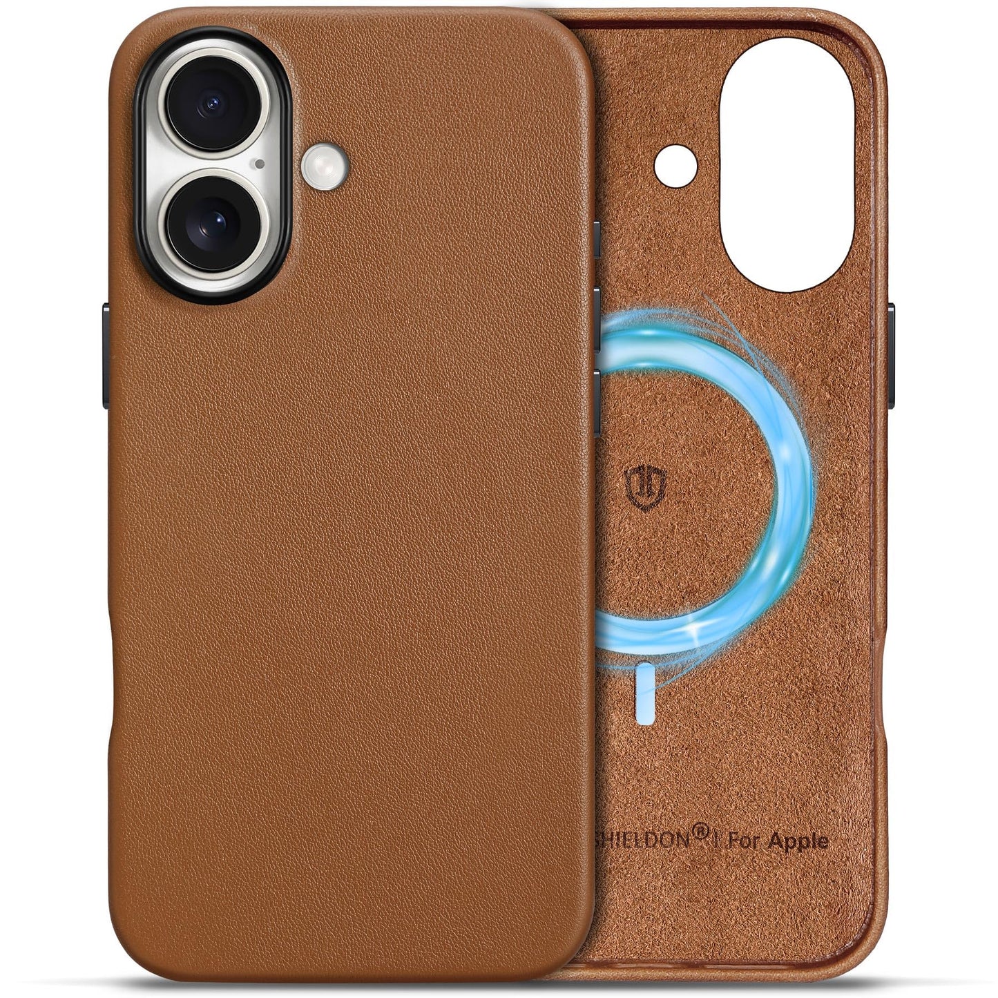 SHIELDON Case for iPhone 16 Pro 6.3" 2024, Genuine Leather, Magnetic Wireless Charging, Slim Fit, Non-Slip, Metal Button, Shockproof Protective Case Compatible with iPhone 16 Pro - Nappa Saddle Brown