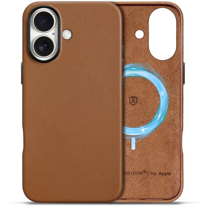 SHIELDON Case for iPhone 16 Pro 6.3" 2024, Genuine Leather, Magnetic Wireless Charging, Slim Fit, Non-Slip, Metal Button, Shockproof Protective Case Compatible with iPhone 16 Pro - Nappa Saddle Brown