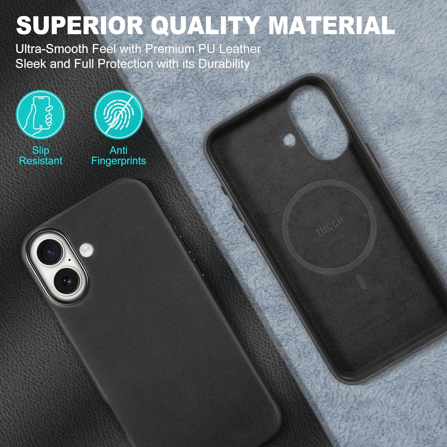 TUCCH Case for iPhone 16, [Magnetic Wireless Charging] Anti-Slip PU Leather Shockproof Phone Case, Slim Anti-Fingerprint Lightweight Protective Back Cover Compatible with iPhone 16 6.1" 2024, Black