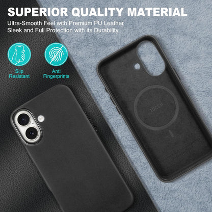 TUCCH Case for iPhone 16, [Magnetic Wireless Charging] Anti-Slip PU Leather Shockproof Phone Case, Slim Anti-Fingerprint Lightweight Protective Back Cover Compatible with iPhone 16 6.1" 2024, Black