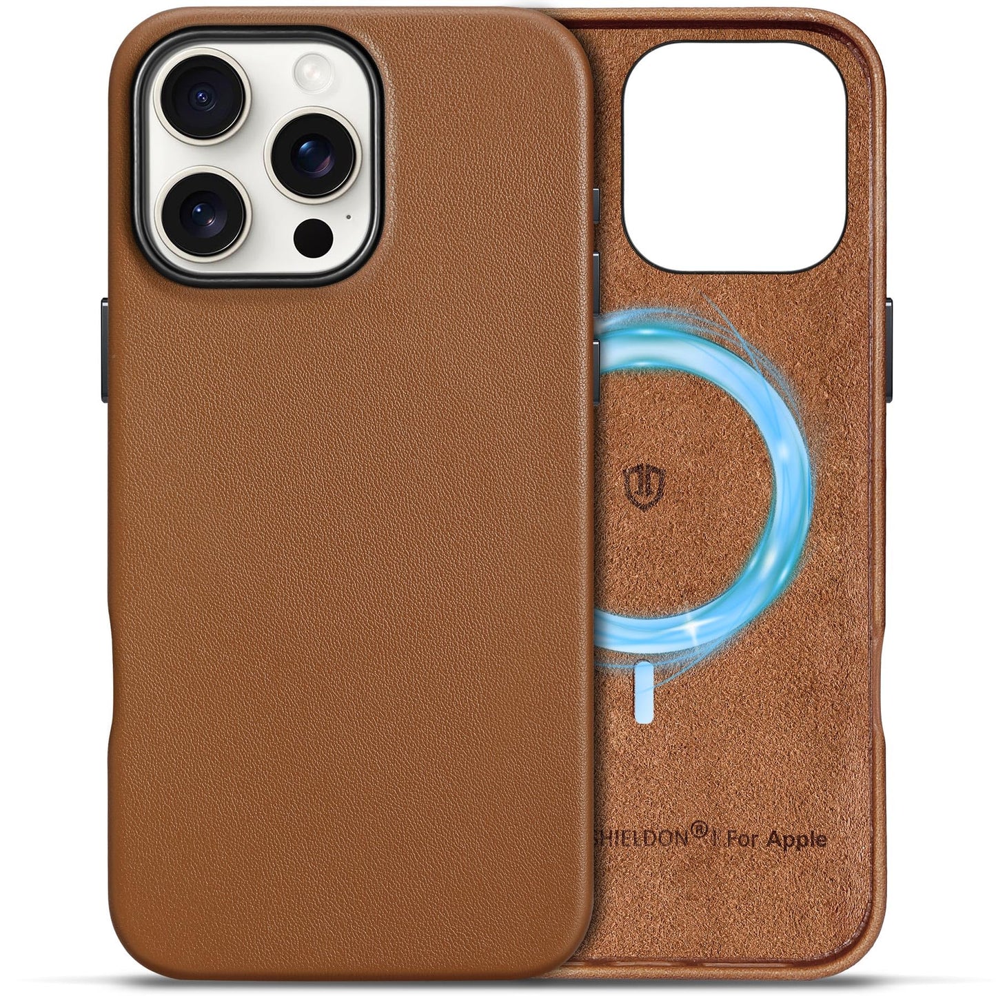 SHIELDON Case for iPhone 16 Pro 6.3" 2024, Genuine Leather, Magnetic Wireless Charging, Slim Fit, Non-Slip, Metal Button, Shockproof Protective Case Compatible with iPhone 16 Pro - Nappa Saddle Brown