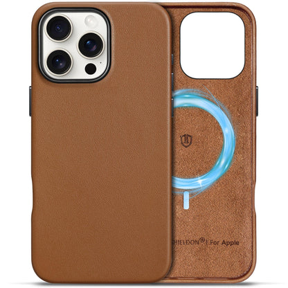 SHIELDON Case for iPhone 16 Pro 6.3" 2024, Genuine Leather, Magnetic Wireless Charging, Slim Fit, Non-Slip, Metal Button, Shockproof Protective Case Compatible with iPhone 16 Pro - Nappa Saddle Brown