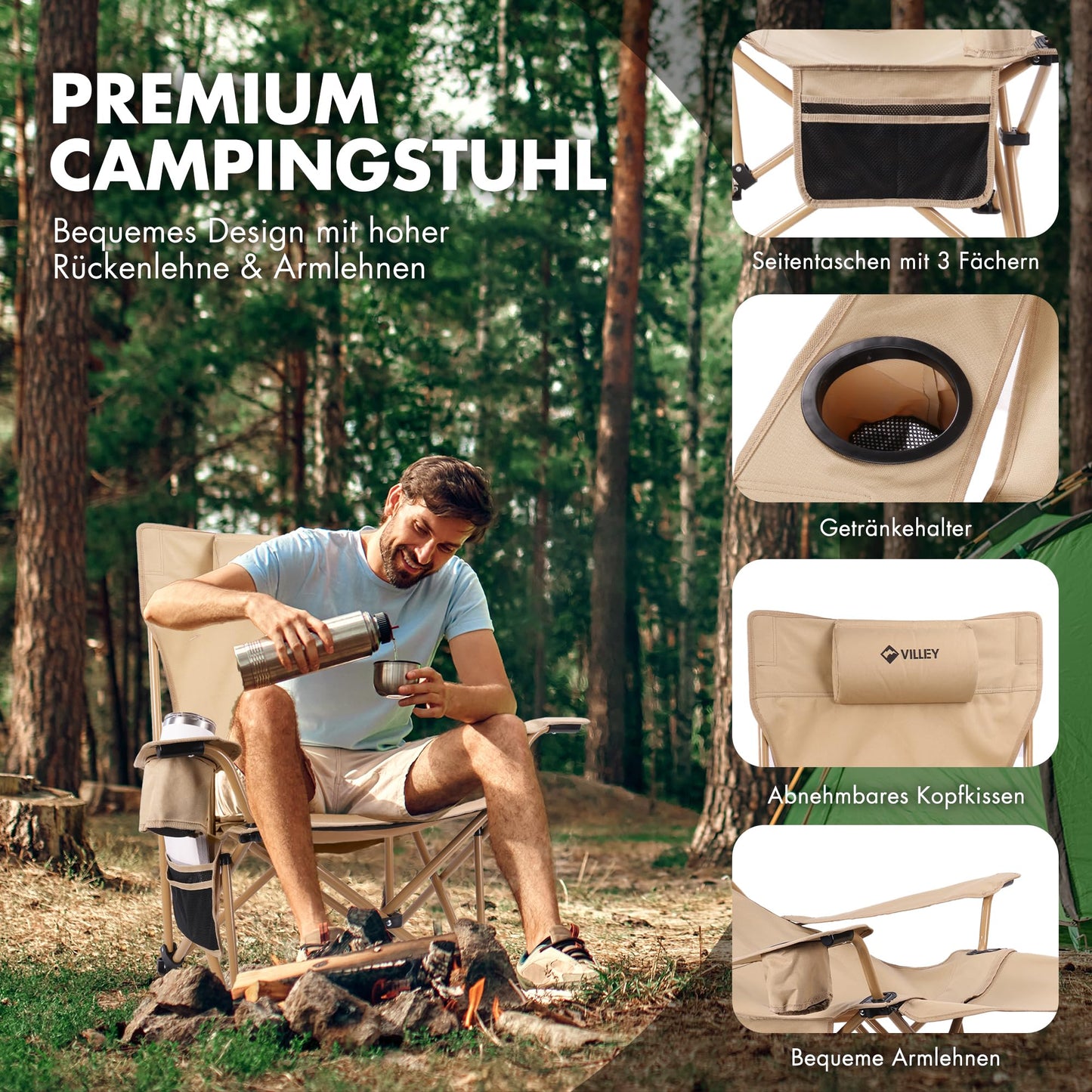 Scaun camping VILLEY pliabil cu suport picioare 150 kg kaki