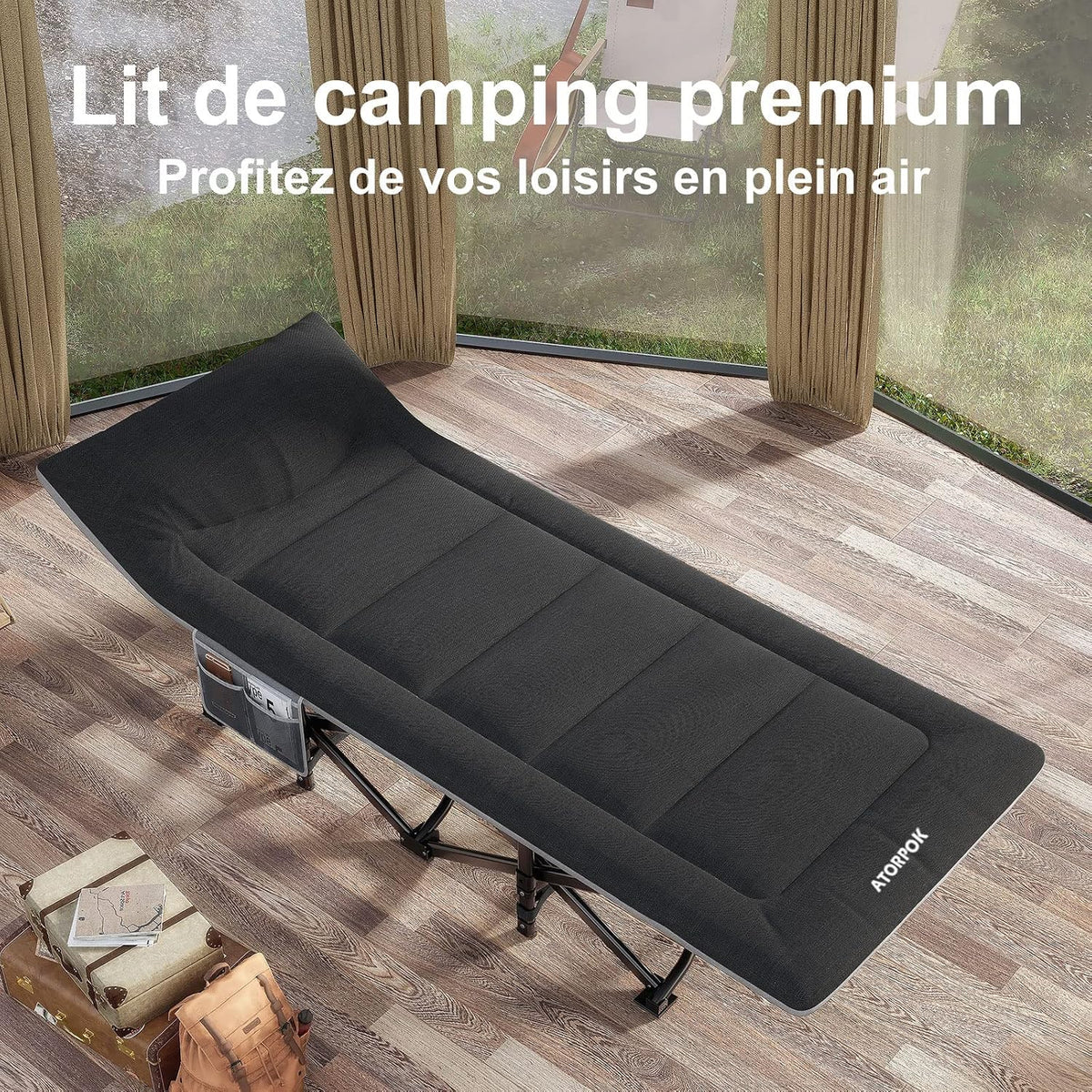 Pat pliabil de camping ATORPOK SHOP pentru adulti, 200 kg, negru