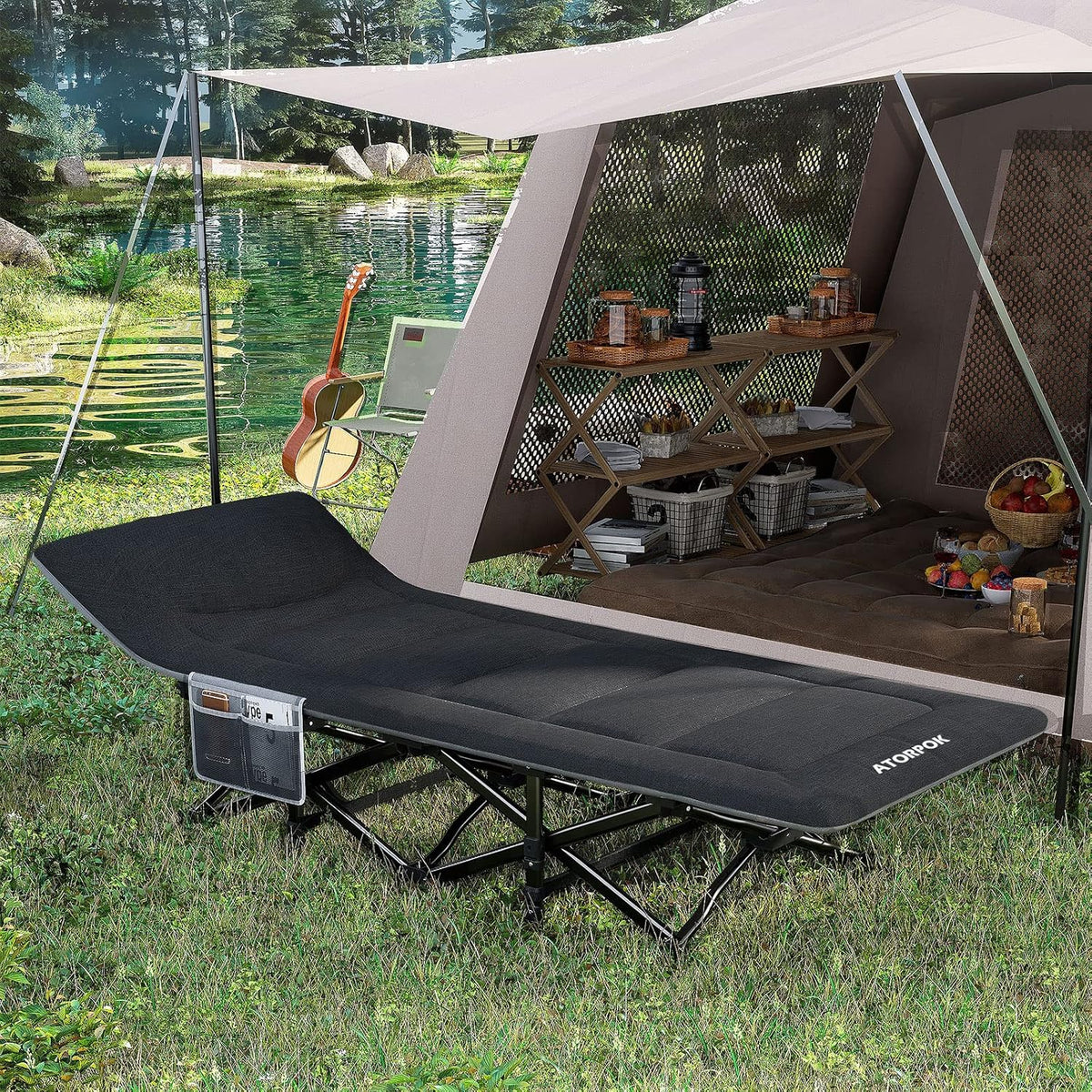 Pat pliabil de camping ATORPOK SHOP pentru adulti, 200 kg, negru