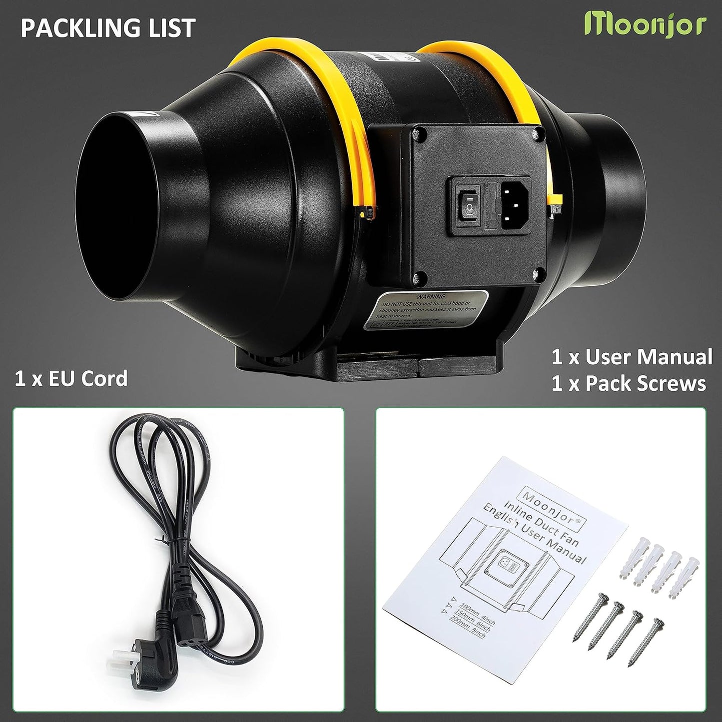 Moonjor 125 mm Flue Pipe Fan, Exhaust Fan Quiet, Inline Duct Fan with 2-Speed Switch, IEC-EU Power Cable for Tent, Garage, Bathroom, Toilet, Kitchen, Greenhouse