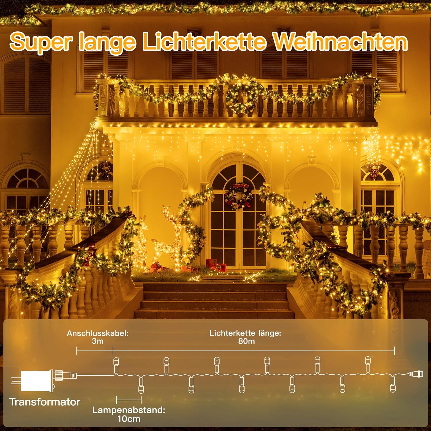 Ollny Outdoor Fairy Lights, 80 m, 800 LEDs, Christmas Lighting Outdoor 8 Modes with Remote Control Timer, Fairy Lights Long IP44 Waterproof for Christmas, Wedding, Easter, Garden (Warm White)