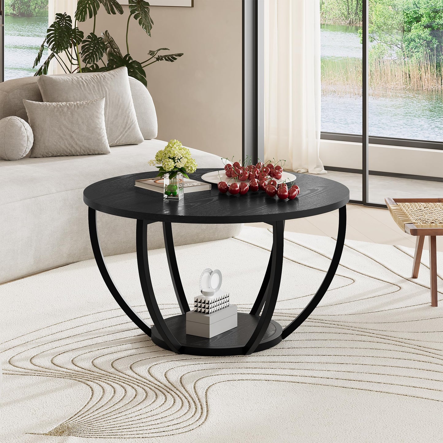 Masuta cafea HOMERECOMMEND rotunda cu depozitare 70 cm neagra