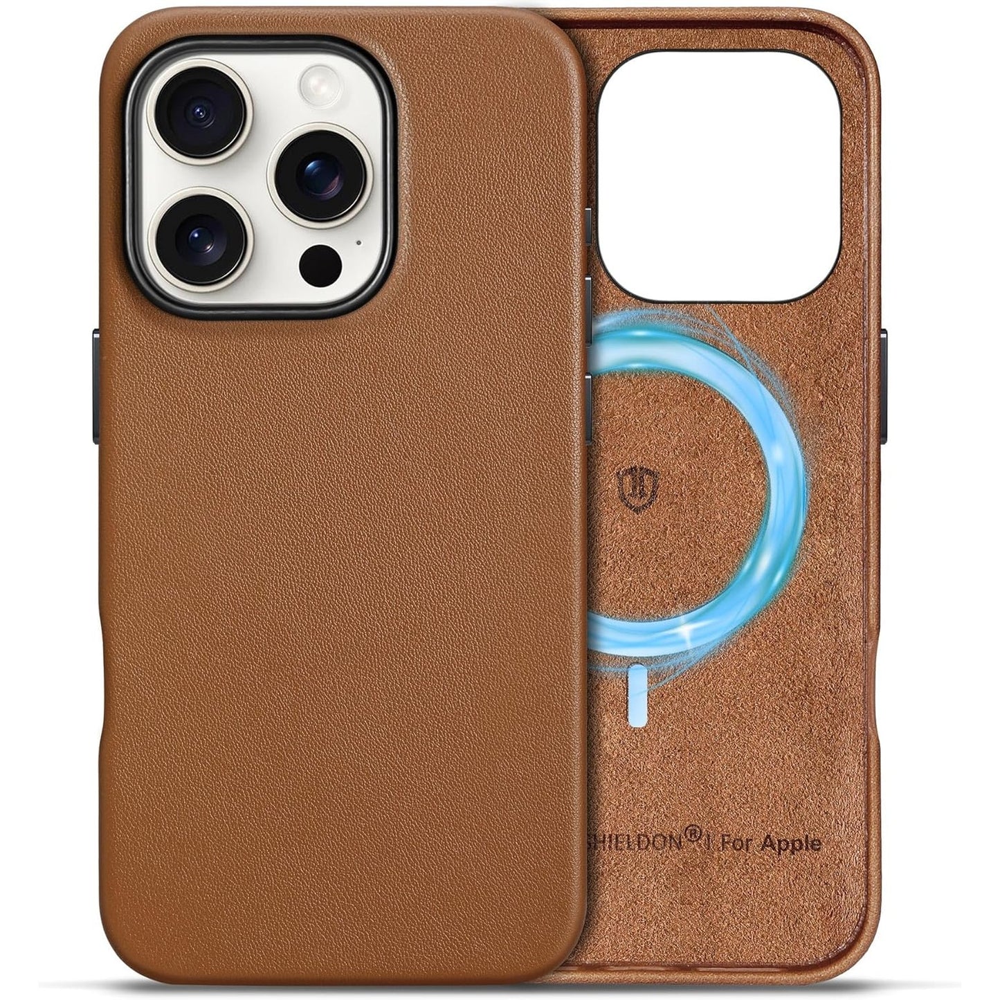 SHIELDON Case for iPhone 16 Pro 6.3" 2024, Genuine Leather, Magnetic Wireless Charging, Slim Fit, Non-Slip, Metal Button, Shockproof Protective Case Compatible with iPhone 16 Pro - Nappa Saddle Brown