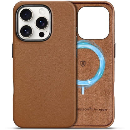 SHIELDON Case for iPhone 16 Pro 6.3" 2024, Genuine Leather, Magnetic Wireless Charging, Slim Fit, Non-Slip, Metal Button, Shockproof Protective Case Compatible with iPhone 16 Pro - Nappa Saddle Brown