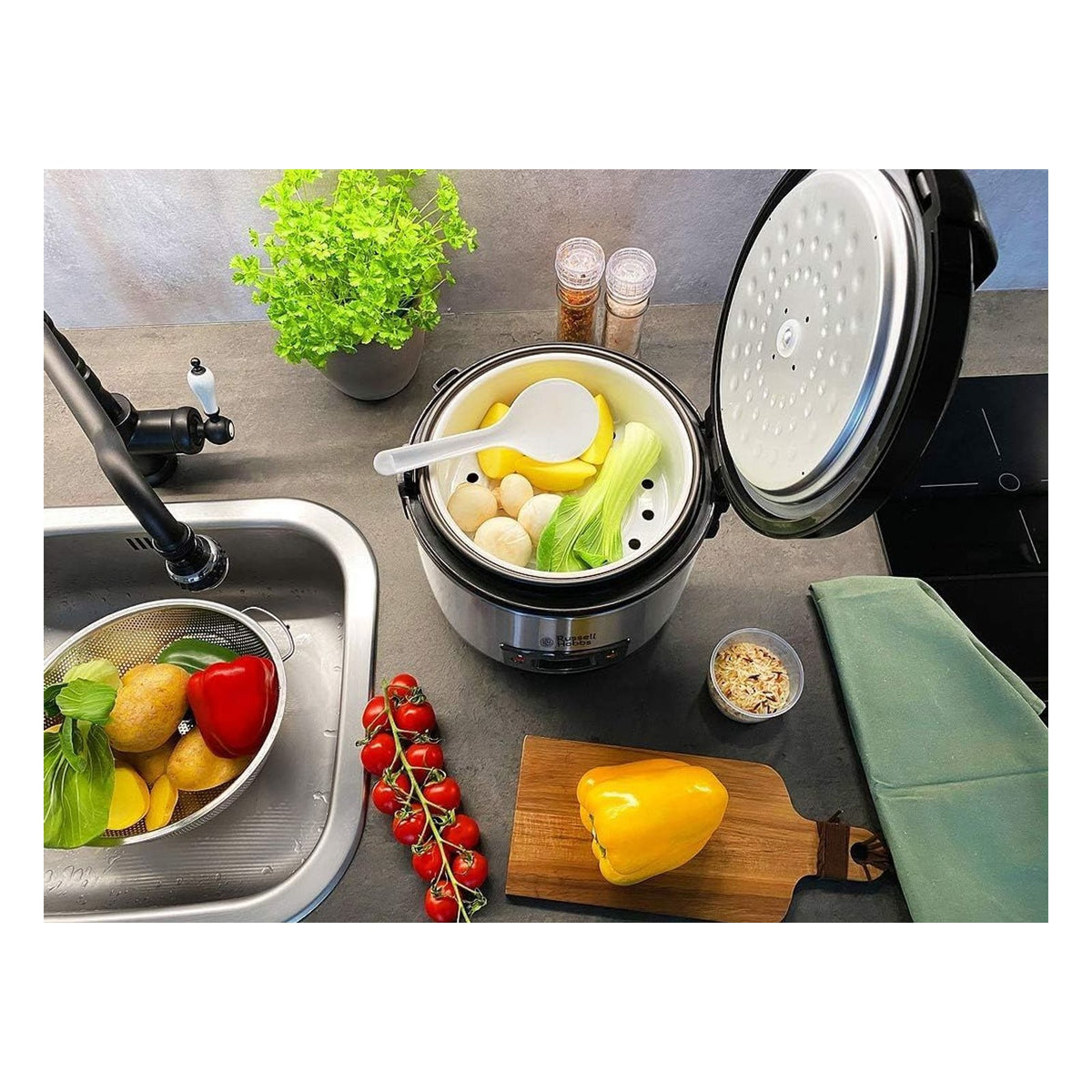 Aparat de gatit orez si gatit la abur Russell Hobbs, inox/negru