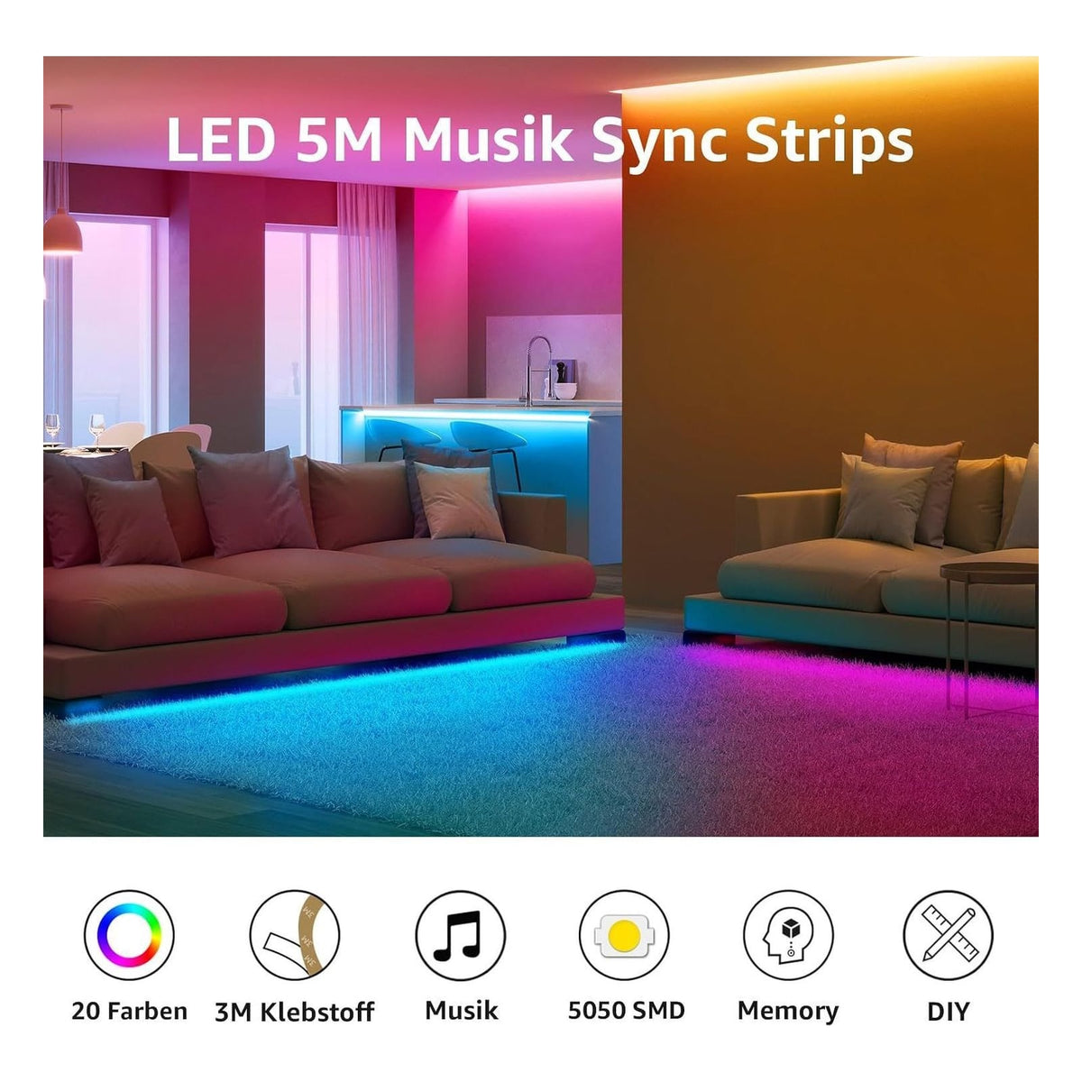 Banda LED Lepro RGB cu muzica si telecomanda, 15 m, rosu/verde/albastru