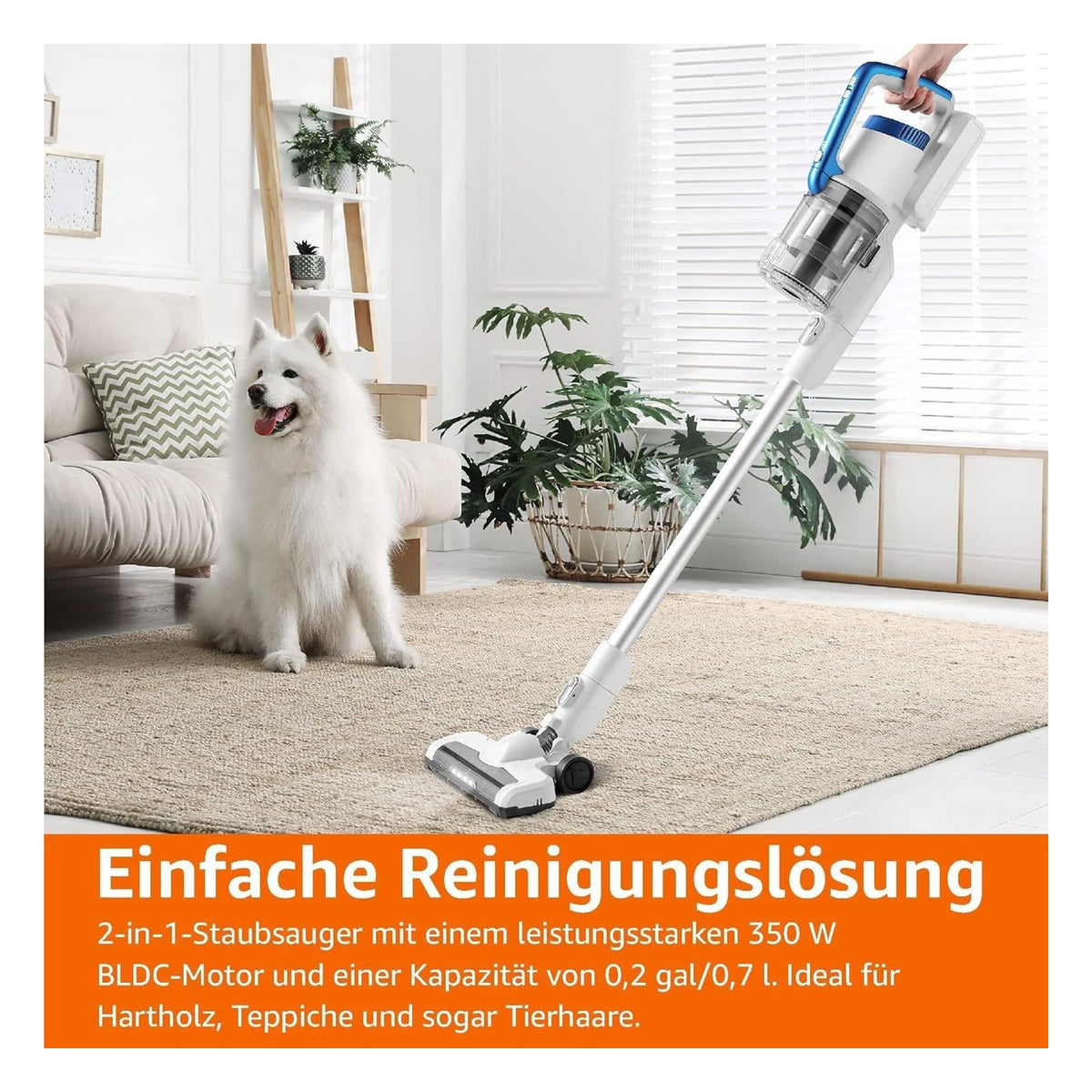 [RESIGILAT] Aspirator vertical fara fir Amazon Basics 2 in 1, motor BLDC 350W, recipient 0.7L, alb si albastru