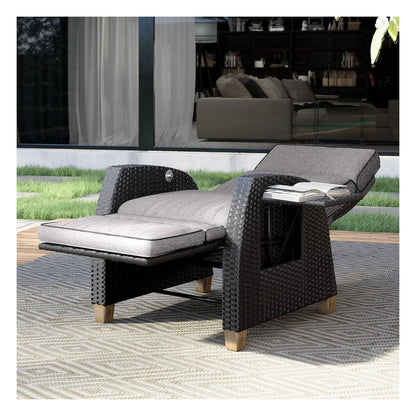 Sezlong reclinabil Grand patio din ratan pentru interior si exterior, cu spatar reglabil, perna gri si ratan maro