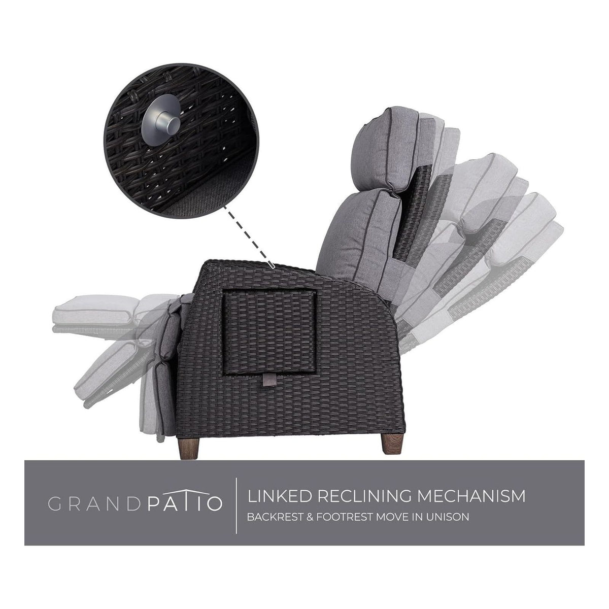 Sezlong reclinabil Grand patio din ratan pentru interior si exterior, cu spatar reglabil, perna gri si ratan maro