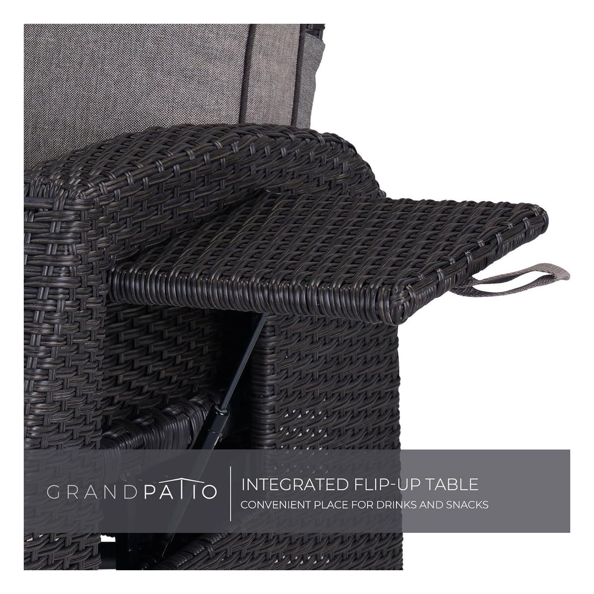 Sezlong reclinabil Grand patio din ratan pentru interior si exterior, cu spatar reglabil, perna gri si ratan maro