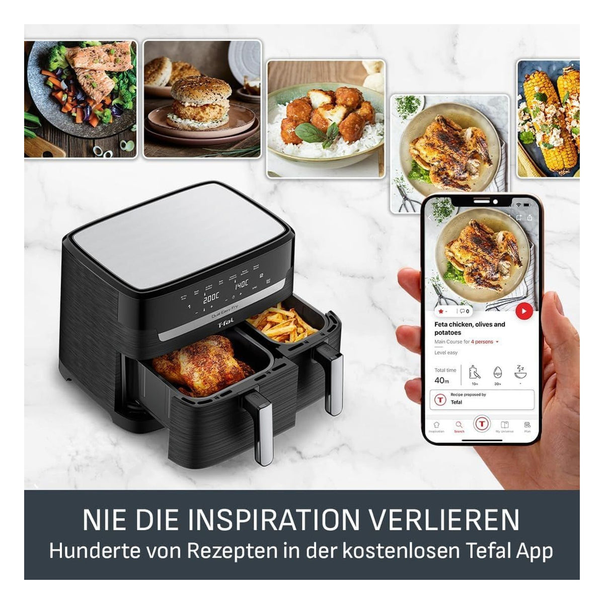 Friteuza cu aer cald Tefal Dual Easy Fry, 8.3 L, 2 camere