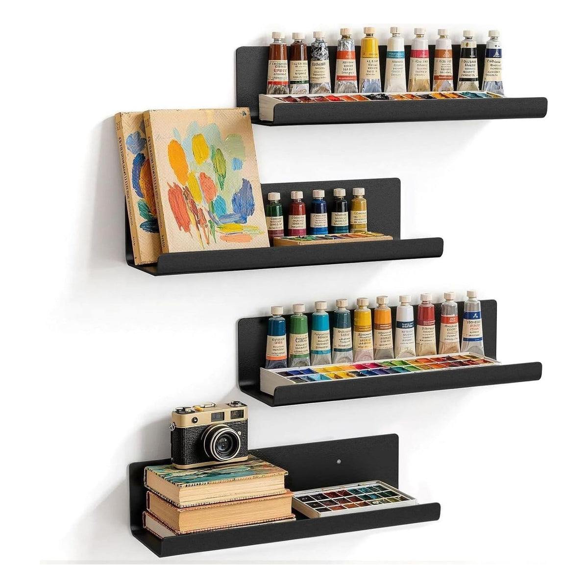 Set 4 rafturi de perete WELDUN cu adeziv, 32 cm, marimea 4 Pack, negru