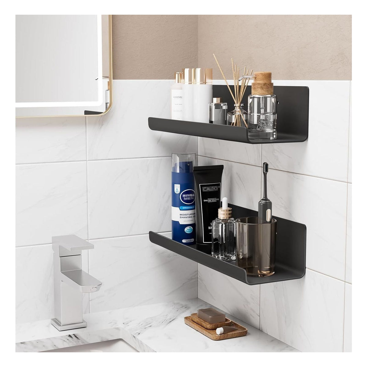 Set 4 rafturi de perete WELDUN cu adeziv, 32 cm, marimea 4 Pack, negru
