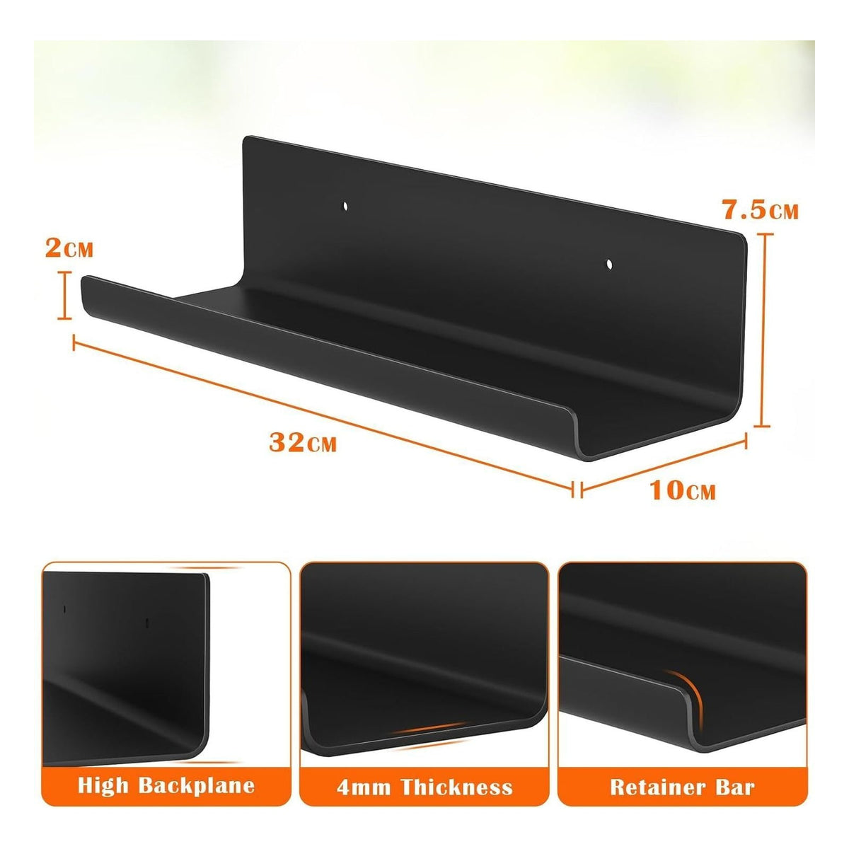 Set 4 rafturi de perete WELDUN cu adeziv, 32 cm, marimea 4 Pack, negru