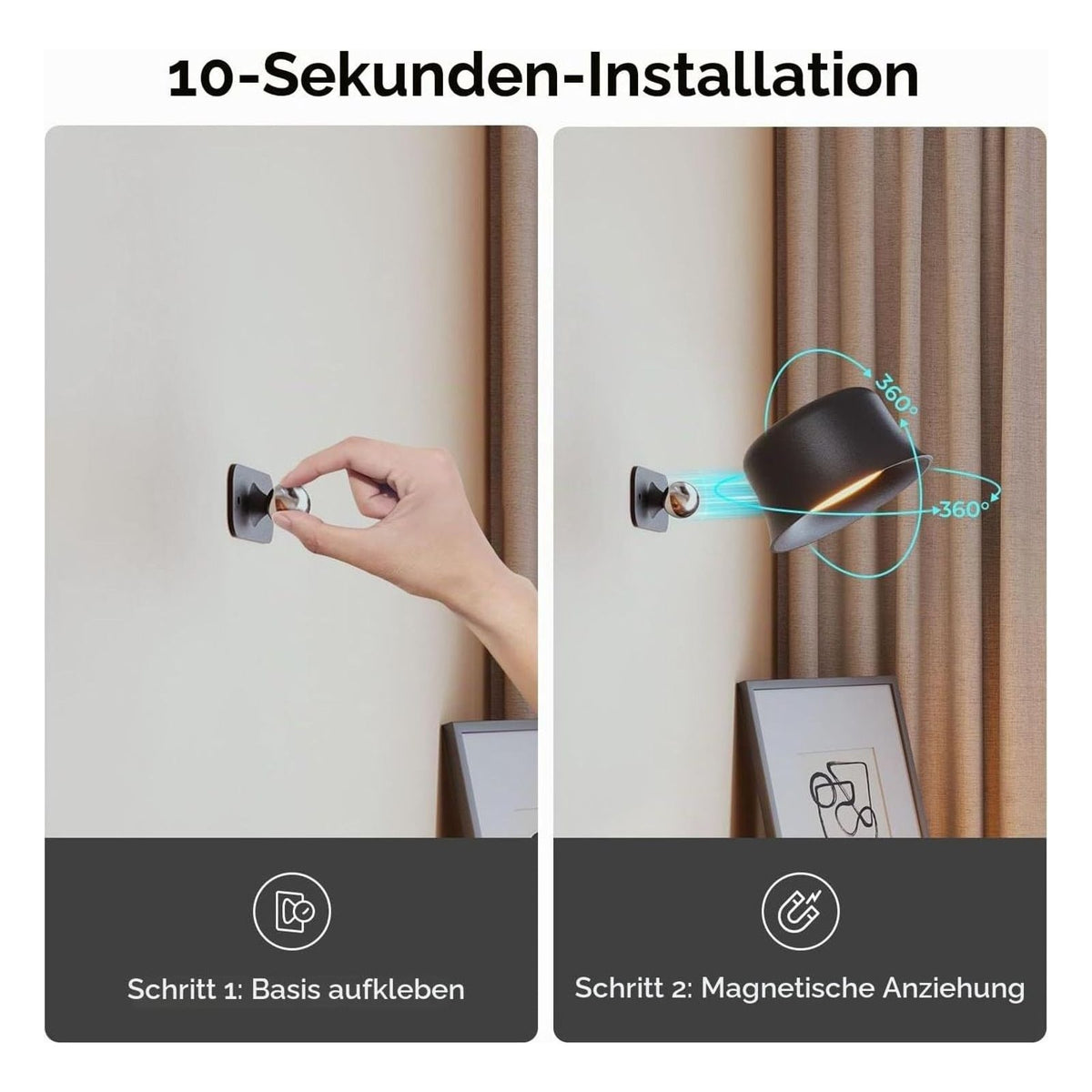 [RESIGILAT] Aplica LED de interior FULEN cu baterie, telecomanda si control tactil, rotativa 360°, neagra, 1 bucata