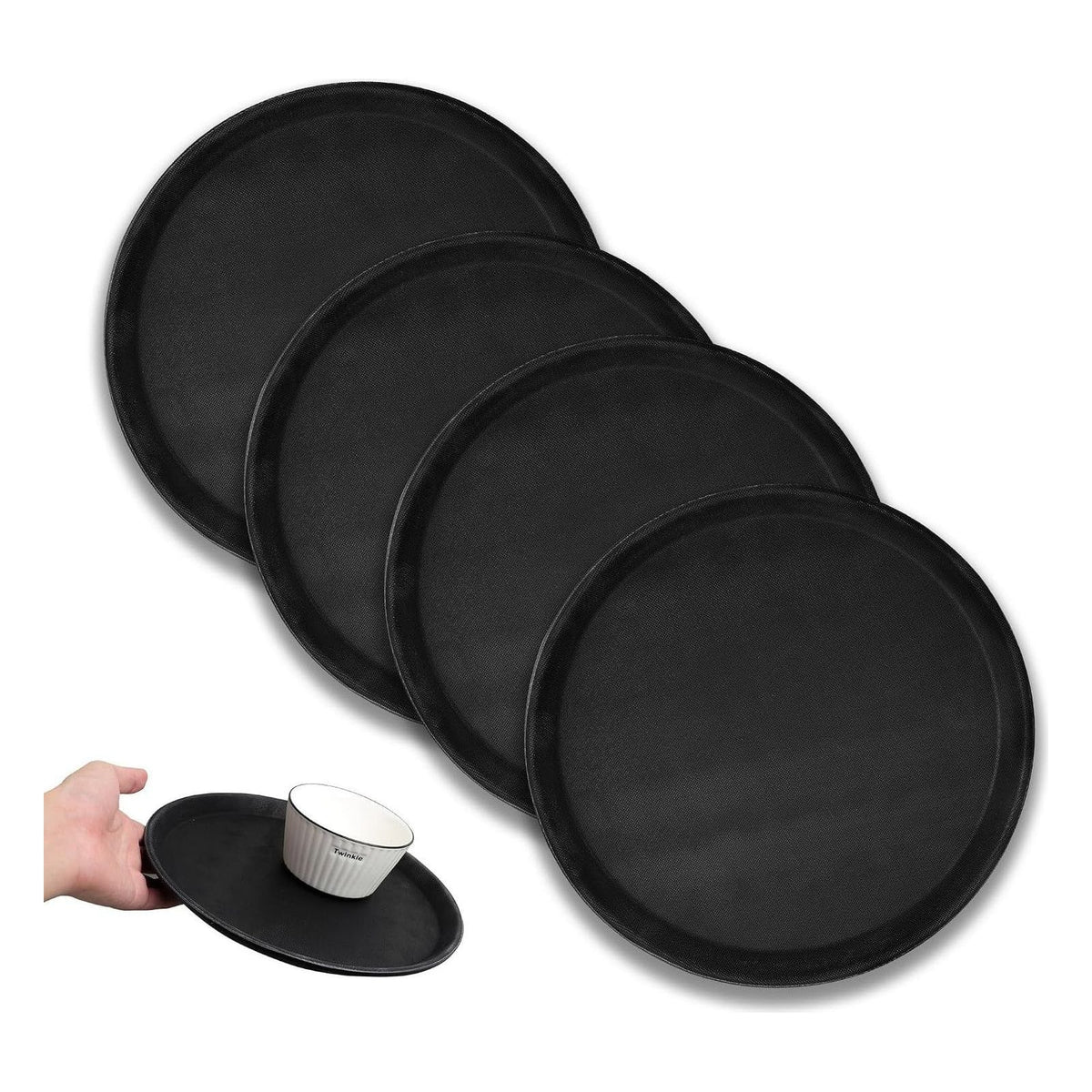 Set 4 tavi rotunde de servire antiderapante AZKEEGREY, 28 cm, marimea L, negre