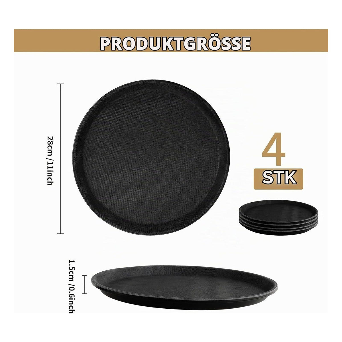 Set 4 tavi rotunde de servire antiderapante AZKEEGREY, 28 cm, marimea L, negre