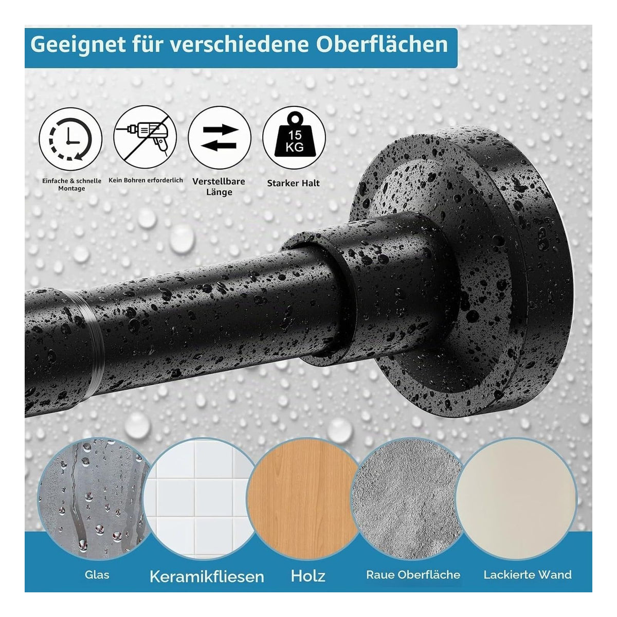 Bara telescopica pentru perdea de dus WELDUN, fara gaurire, 46-81 cm, neagra