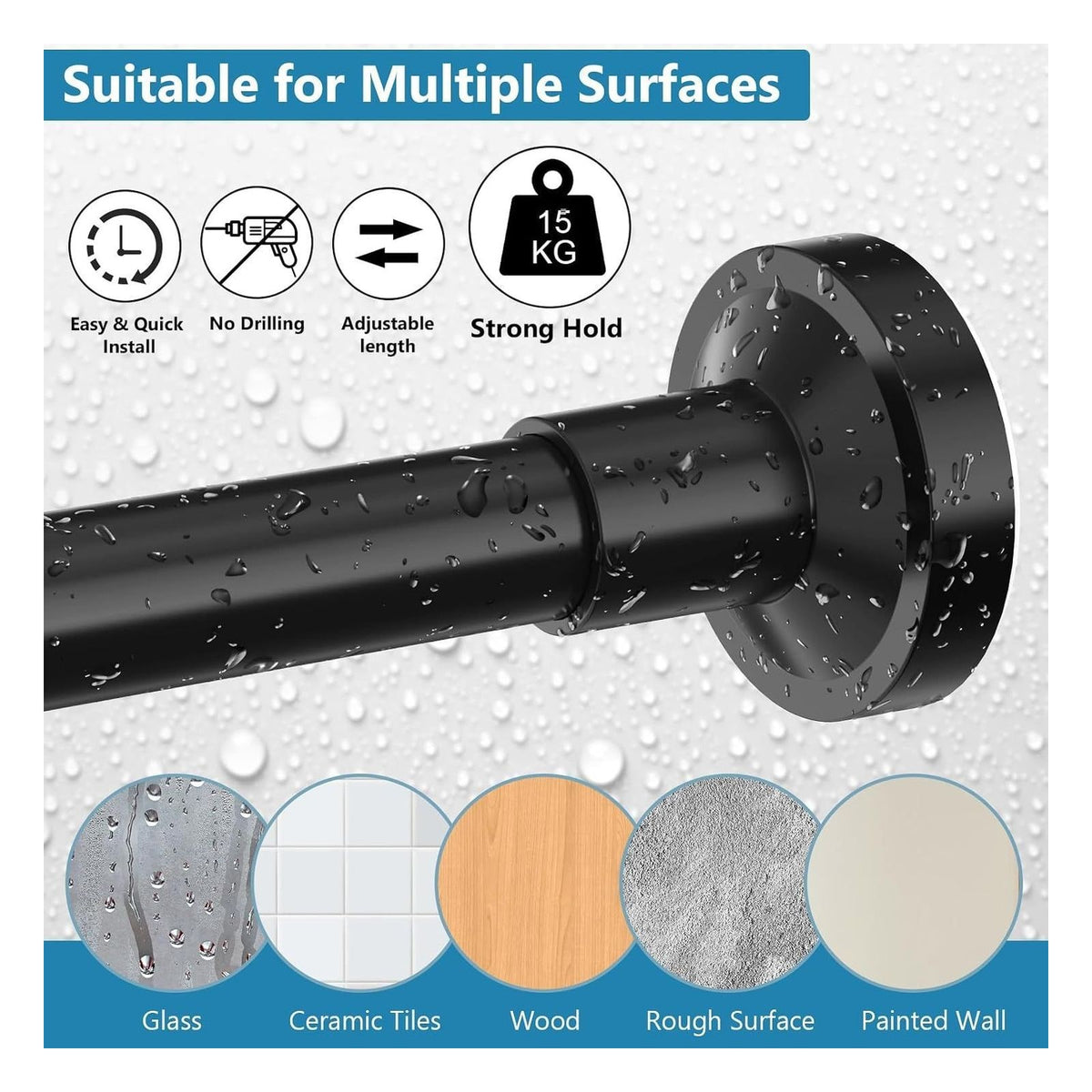 Bara telescopica WELDUN pentru perdea de dus, 48-67 cm, neagra, 1 bucata