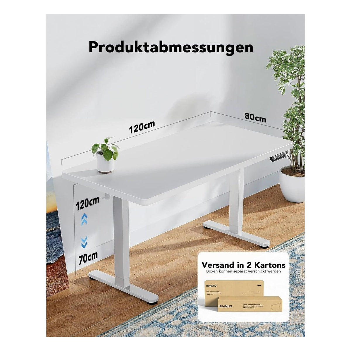 Birou electric reglabil pe inaltime HUANUO, 120 x 80 cm, alb