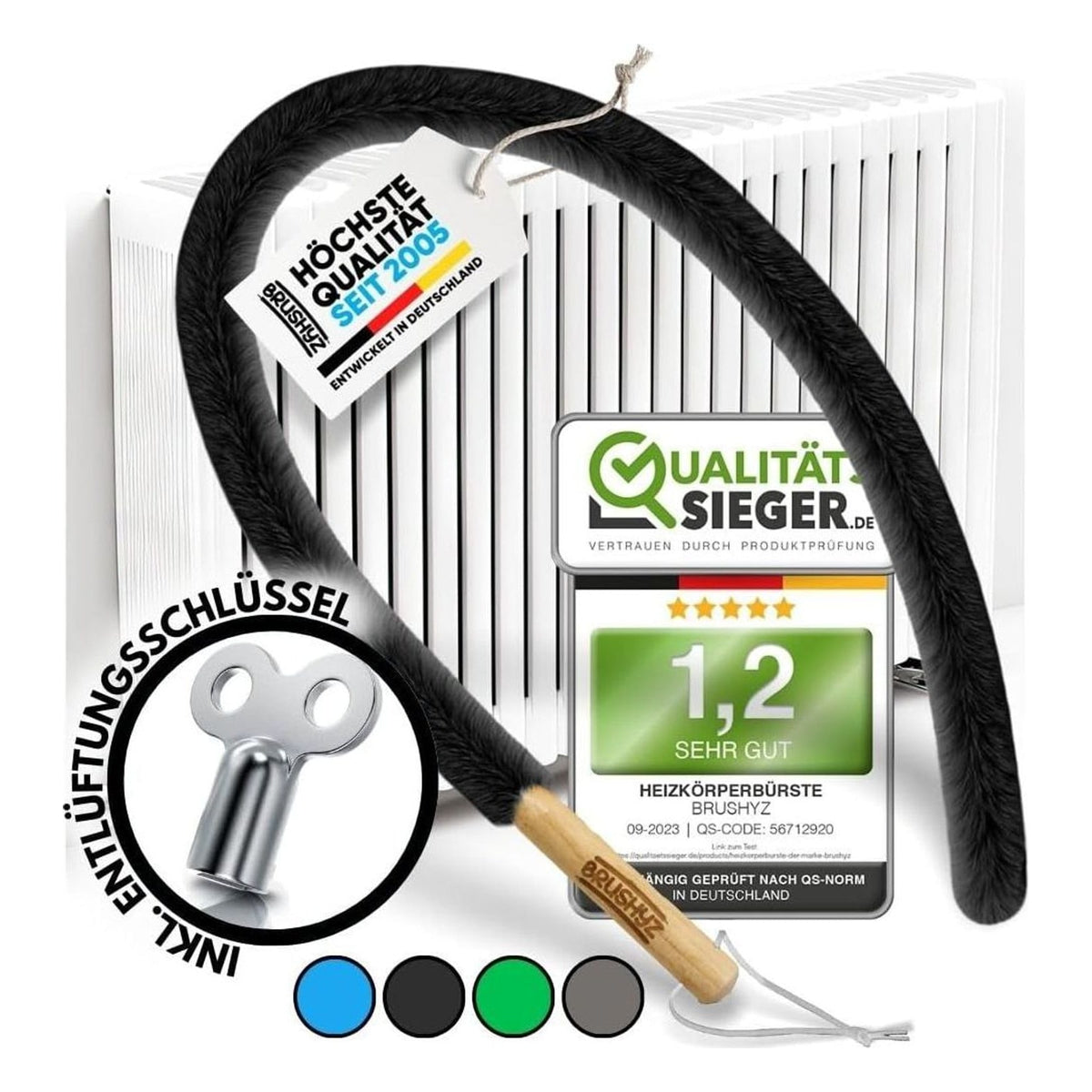 Perie lunga BRUSHYZ pentru curatarea caloriferelor, cu cheie de aerisire, 115 cm, neagra