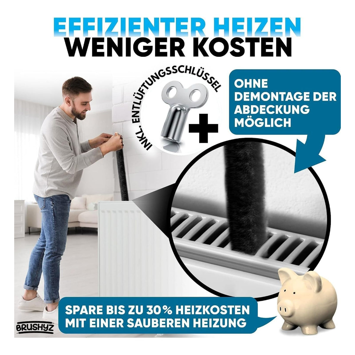 Perie lunga BRUSHYZ pentru curatarea caloriferelor, cu cheie de aerisire, 115 cm, neagra