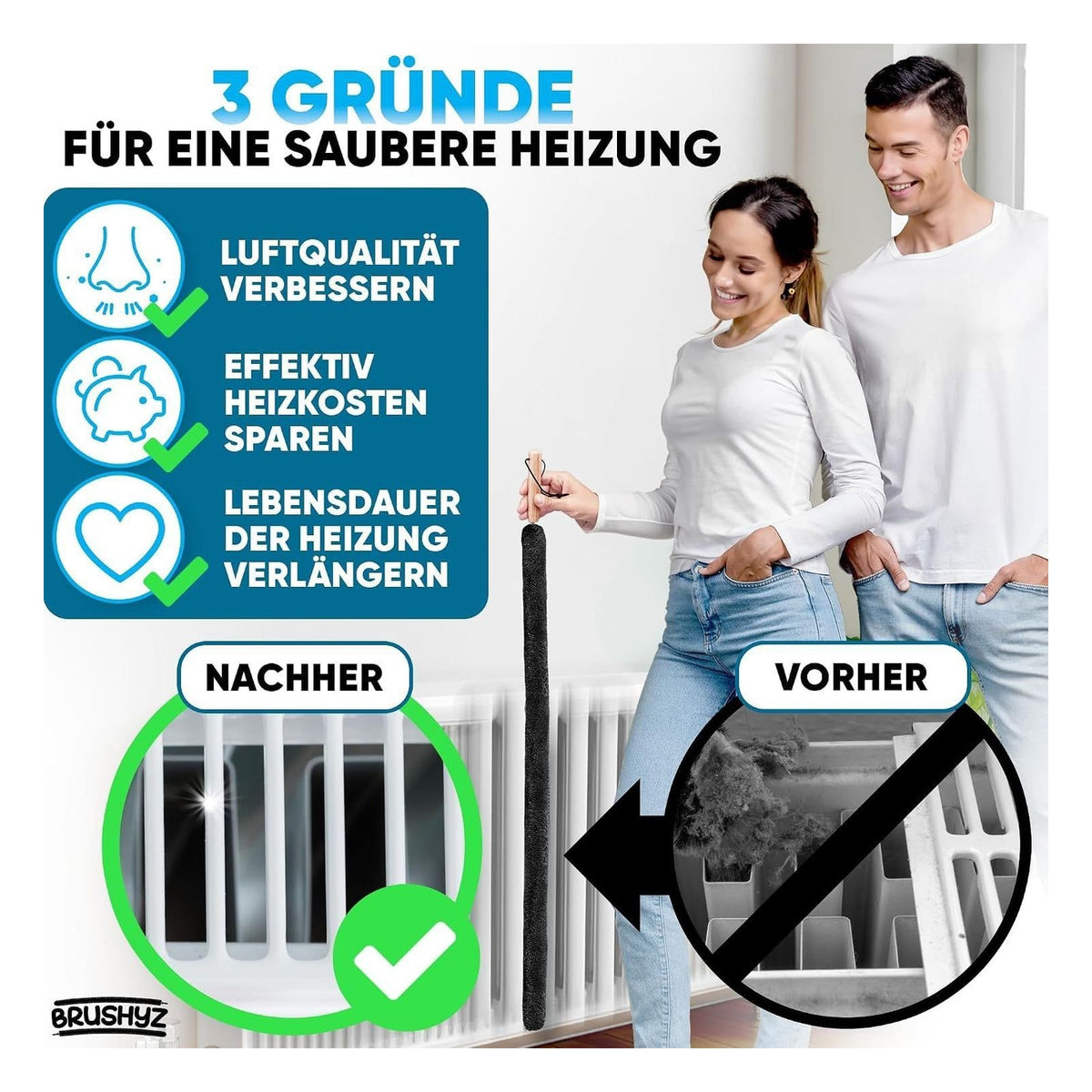 Perie lunga BRUSHYZ pentru curatarea caloriferelor, cu cheie de aerisire, 115 cm, neagra